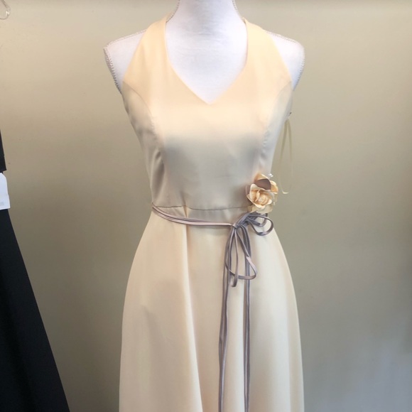 Lined Yellow Mid Length Halter Bridesmaid Prom Dress - Picture 5 of 8